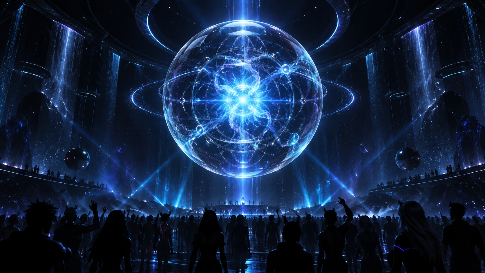 A luminous blue resonance core floating above a virtual crowd